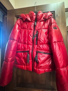 Karl Lagerfeld Red Quilted Puffer Jacket with Hood
